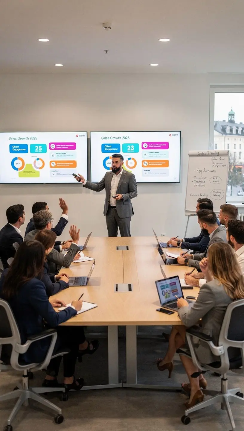 Teilnehmer einer Schulung diskutieren lebhaft in einem modernen Schulungsraum.