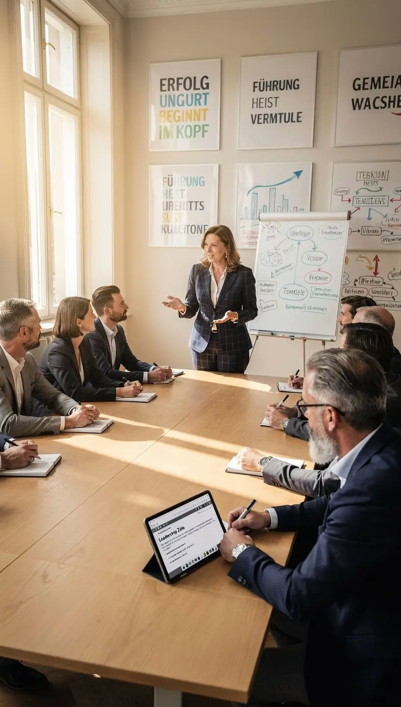 Ein Trainer zeigt eine Präsentation über Führungstechniken auf einem großen Bildschirm.