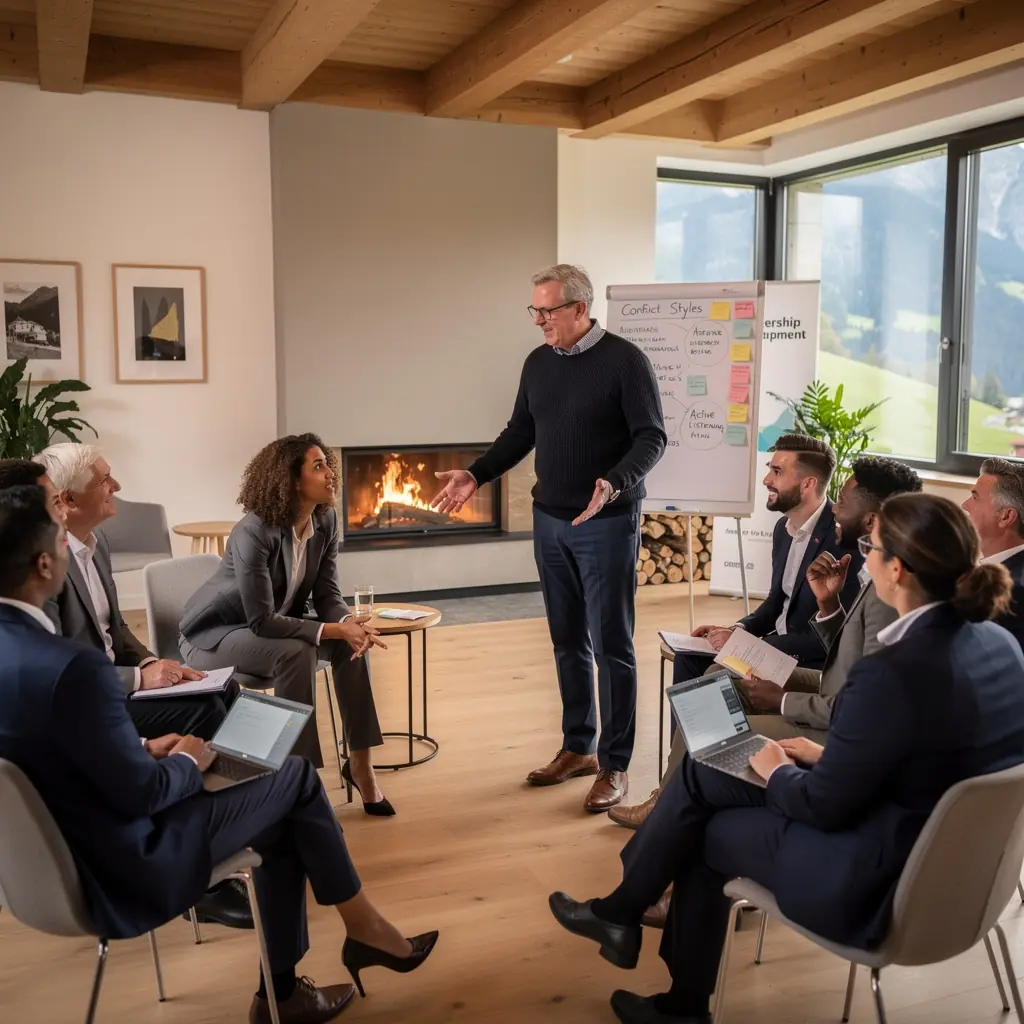 Teilnehmer engagieren sich aktiv in einer Diskussion während eines Verkaufstrainings.