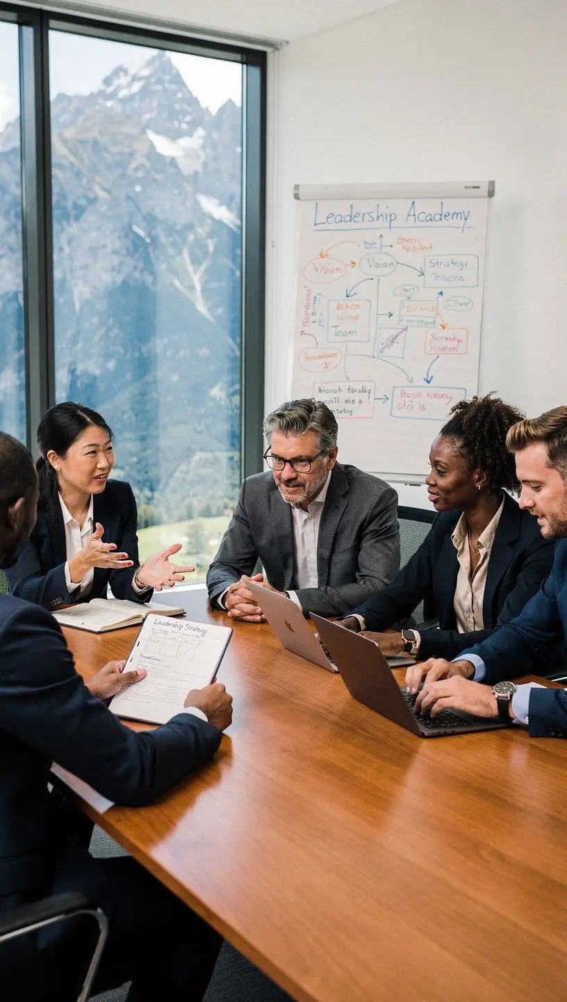 Ein Gruppenleiter präsentiert innovative Führungstechniken in einem modernen Seminarraum.